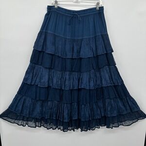 Vintage Tiered Ruffle Maxi Skirt One Size L XL Blue Flowy Swing Boho Prairie